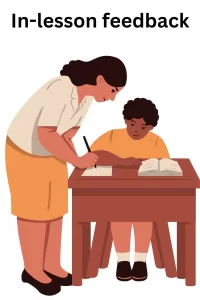 Image of teacher leaning over sudent at work, giving feedback. Illustration of in-lesson feedback