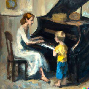 Child sitting under a piano image to support Analysis of Piano by D.H. Lawrence