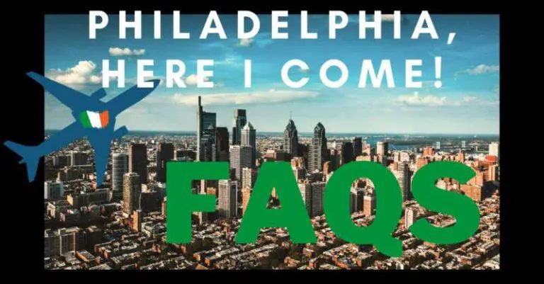 Picture of the city of Philadelphia with an aeroplane, title of the play, 'Philadelphia, Here I Come!' and the title FAQs.