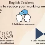 5 Ways to reduce your marking workload infographic: 1. print success criteria onto post-it notes. 2. guided peer assessment. 3: in lesson feedback. 4: self-assessment based on oral feedback. 5: use a visualiser.