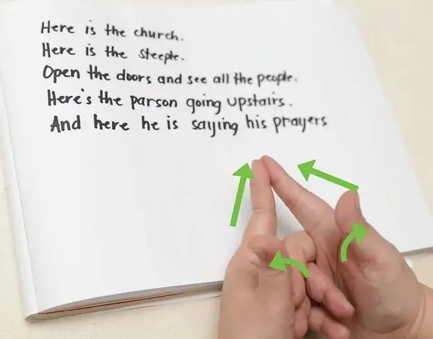 Image from WikiHow showing the fingers interlocking and the childhood rhyme: 'Here is the church, here is the steeple, open the doors to see all the people'