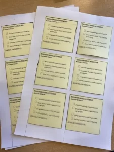 Post-it notes with success criteria printed onto them