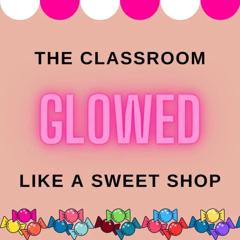 Simile: The classroom glowed like a sweet shop. Quotation from the poem In Mrs Tilcher's Class with illustration of sweets.
