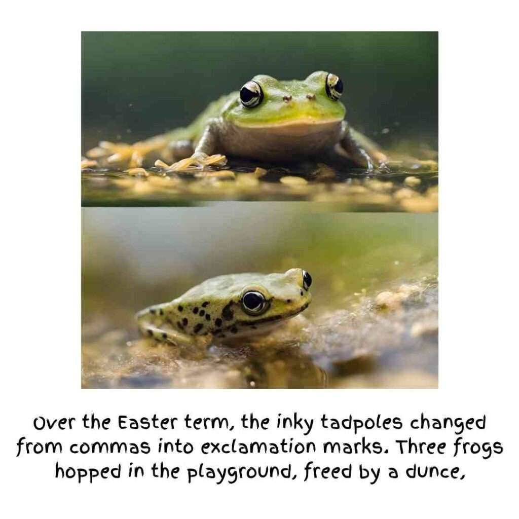 Over the Easter term, the inky tadpoles changed from commas into exclamation marks. Image of a frog from In Mrs Tilscher's Class by Carol Ann Duffy