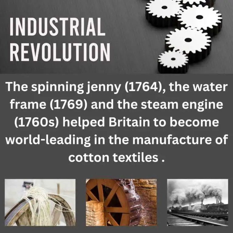 Dover Beach by Matthew Arnold is heavily influenced by the industrial revolution. Image shows spinning jenny, water wheel and steam engine which helped Britain become world leading in the cotton industry.