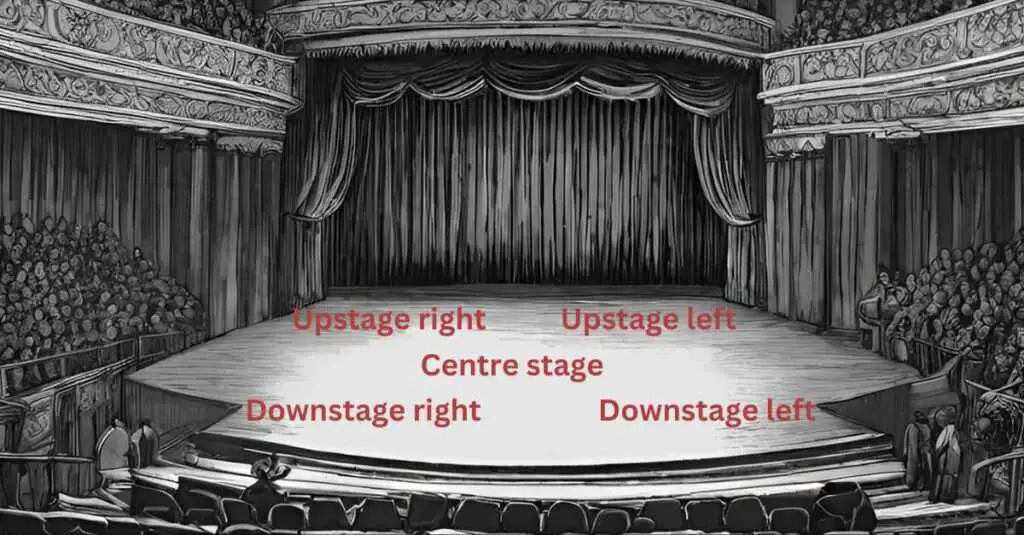 Staging 'Philadelphia, Here I Come!' infographic showing upstage, downstage, left, right and centre stage.