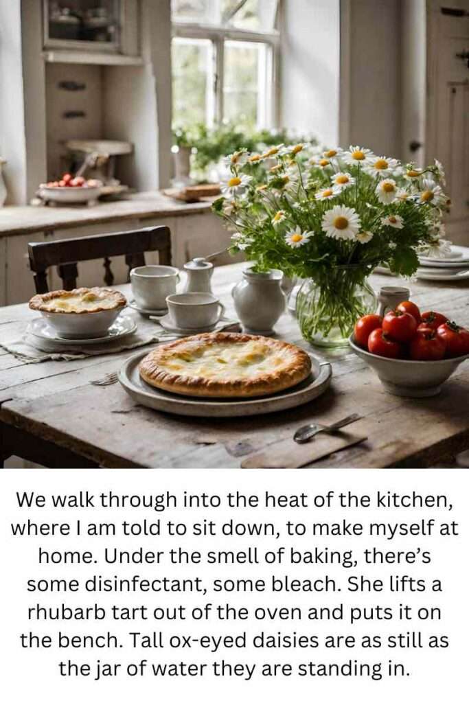 Foster by Claire Keegan: the kitchen of the Kinsella house, set with rhubarb tart, salads and flowers.