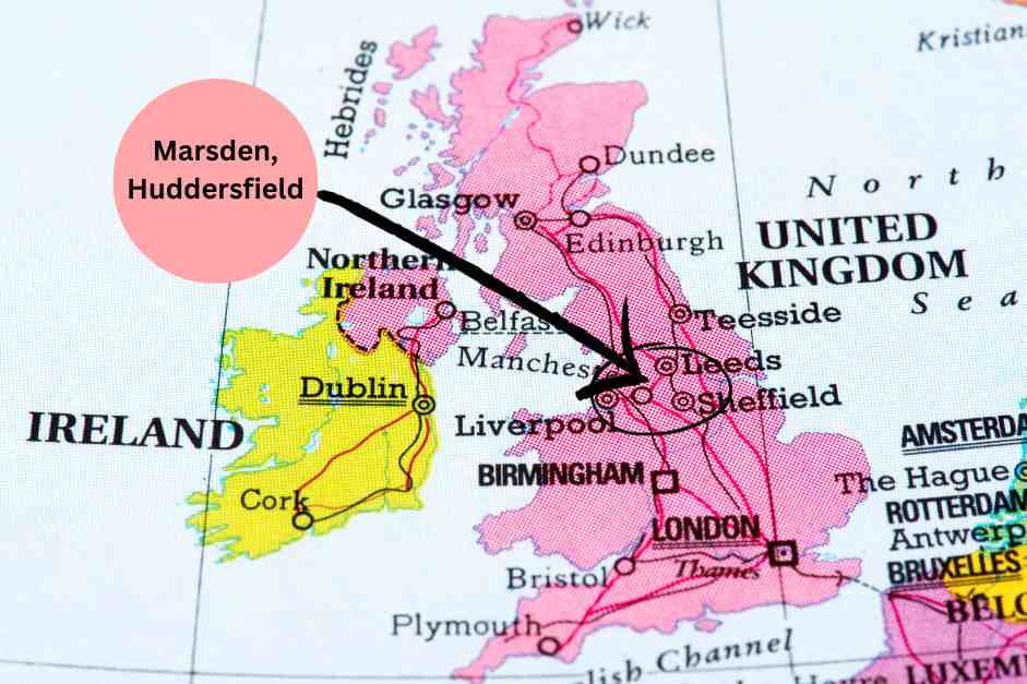 Marsden, Huddersfield on a map of England, where Simon Armitage was born