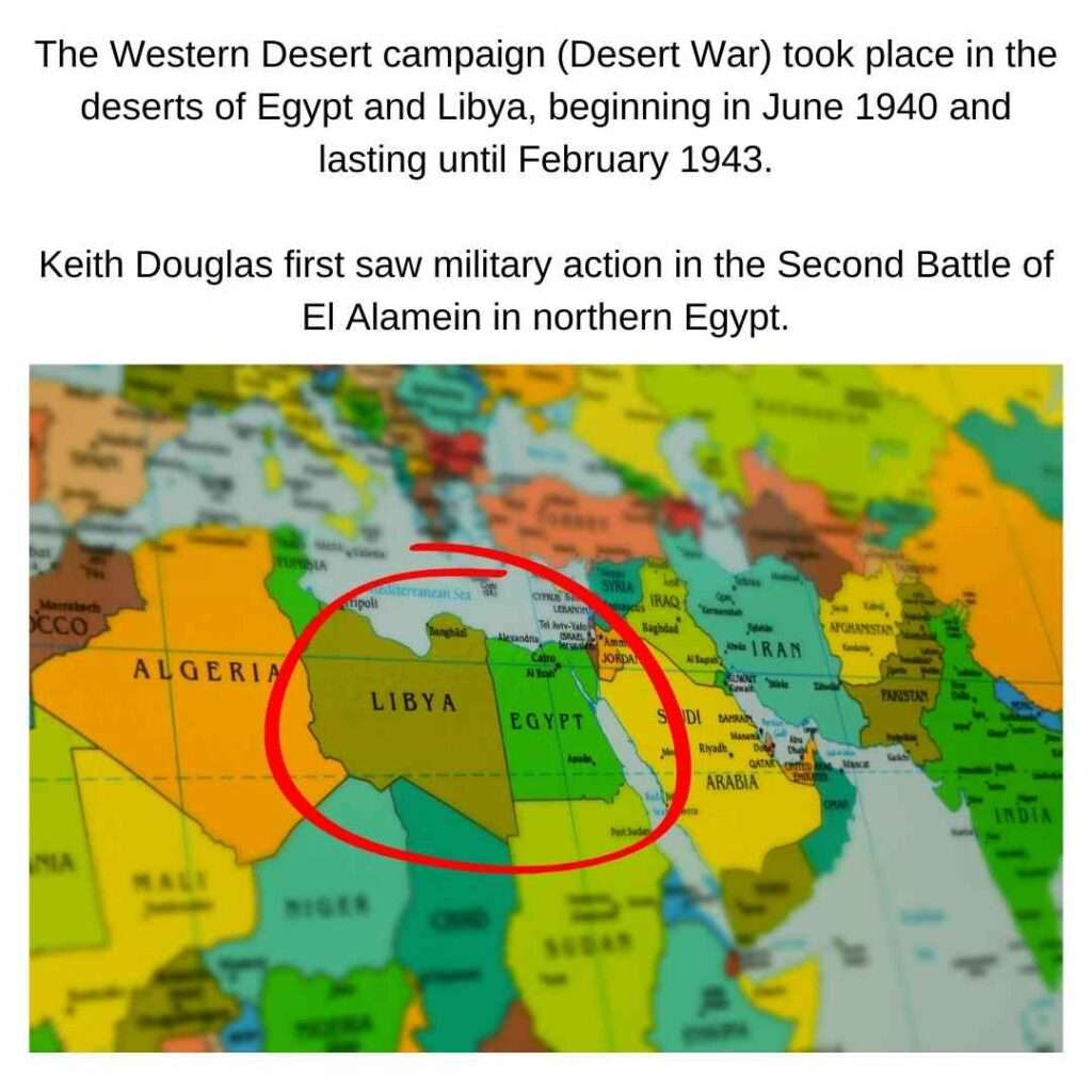 Desert War map of Libya and Egypt (1940 - 1943). the setting for the poem Vergissmeinnicht by Keith Douglas
