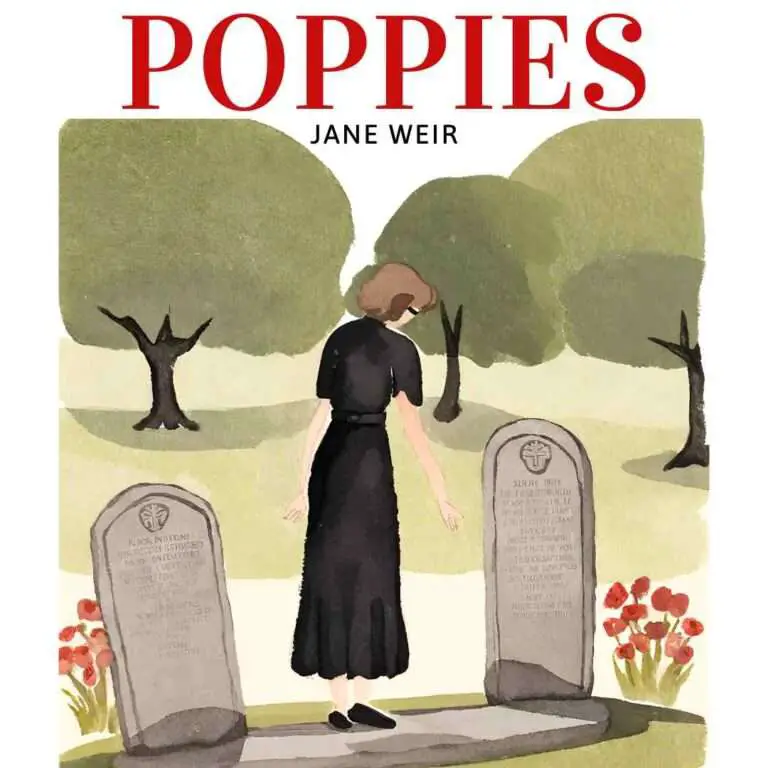 Poppies by Jane Weir image of a mother wearing black touching a grave stone with poppies beside.