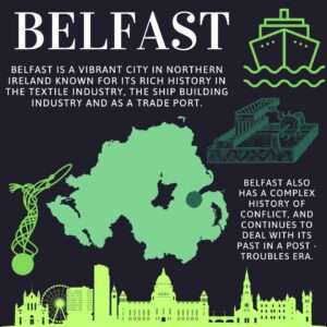 Image of Belfast in Northern Ireland, known for its past in the textile industry, ship building industry and as a trade port, as well as being a post-conflict location.