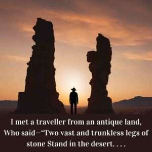 I met a traveller from an antique land. Image of silhouette of a man in the desert beside two stone statues. Ozymandias by Percy Shelley