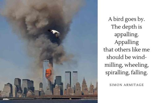 A bird goes by. The depth is appalling quote Out of the Blue by Simon Armitage. Image of the World Trade Centre attack with a bird flying past.